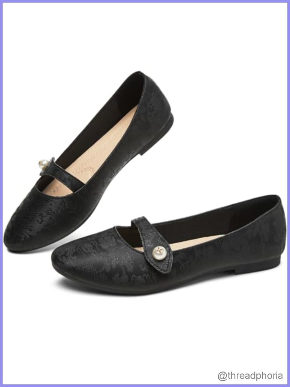 Mary Jane Flats Floral Print Ballet Pearl Accent Comfort Dress Shoes